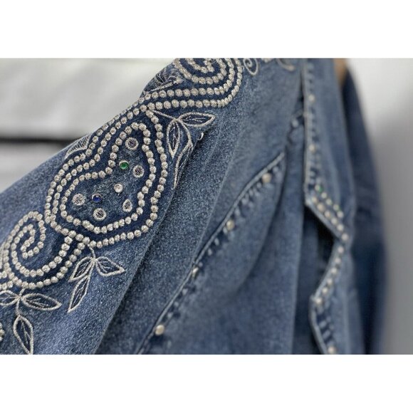 Vtg Side Roll Studded Embroidered Jacket Denim Studded Pocket Button One Sz Flaw - Picture 12 of 16
